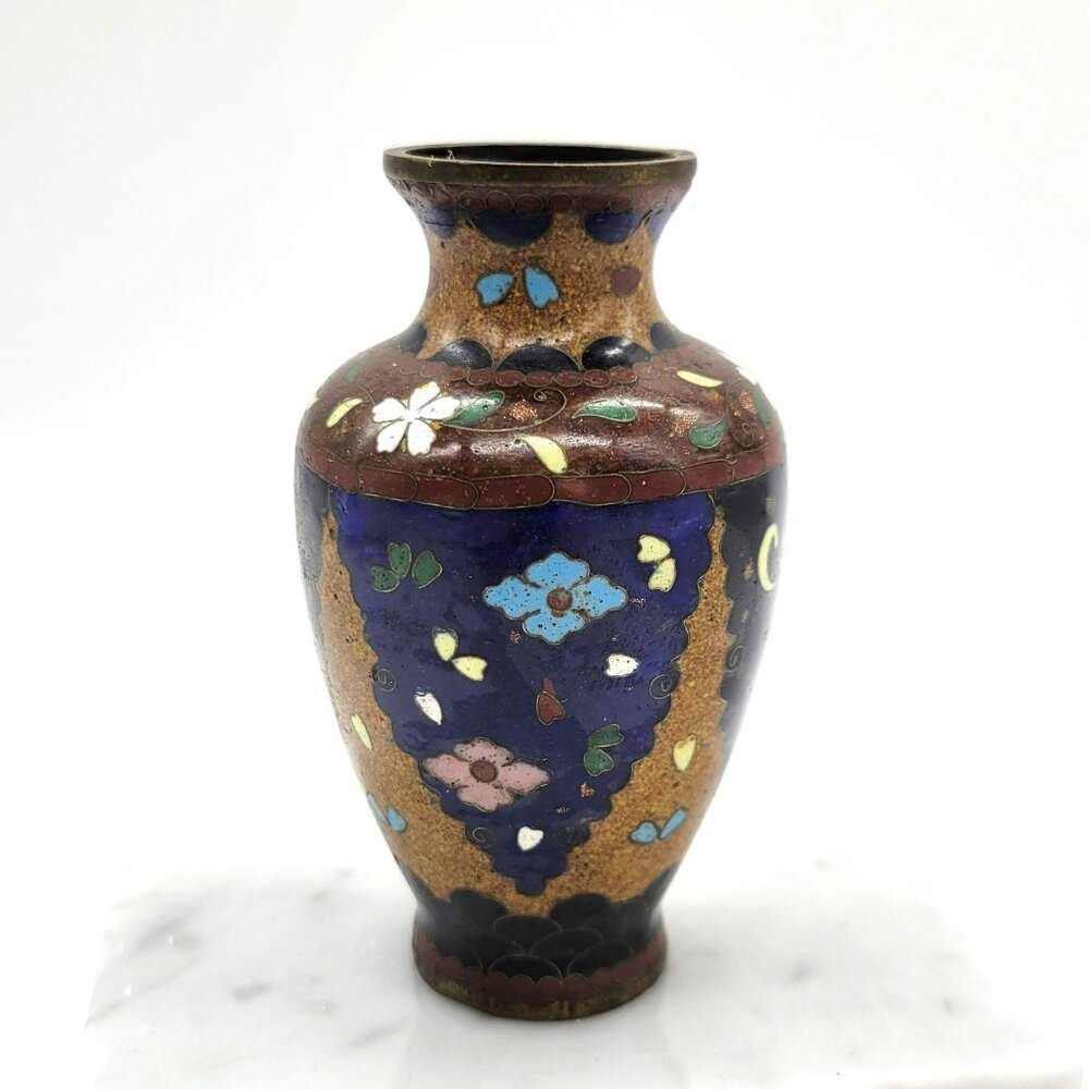 Antique Japanese Cloisonne Floral Decorative Vase Enamel Metalwork 3 3/4"